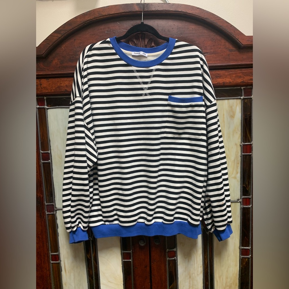 Striped Black and White Men's Shirt with Blue Accents
